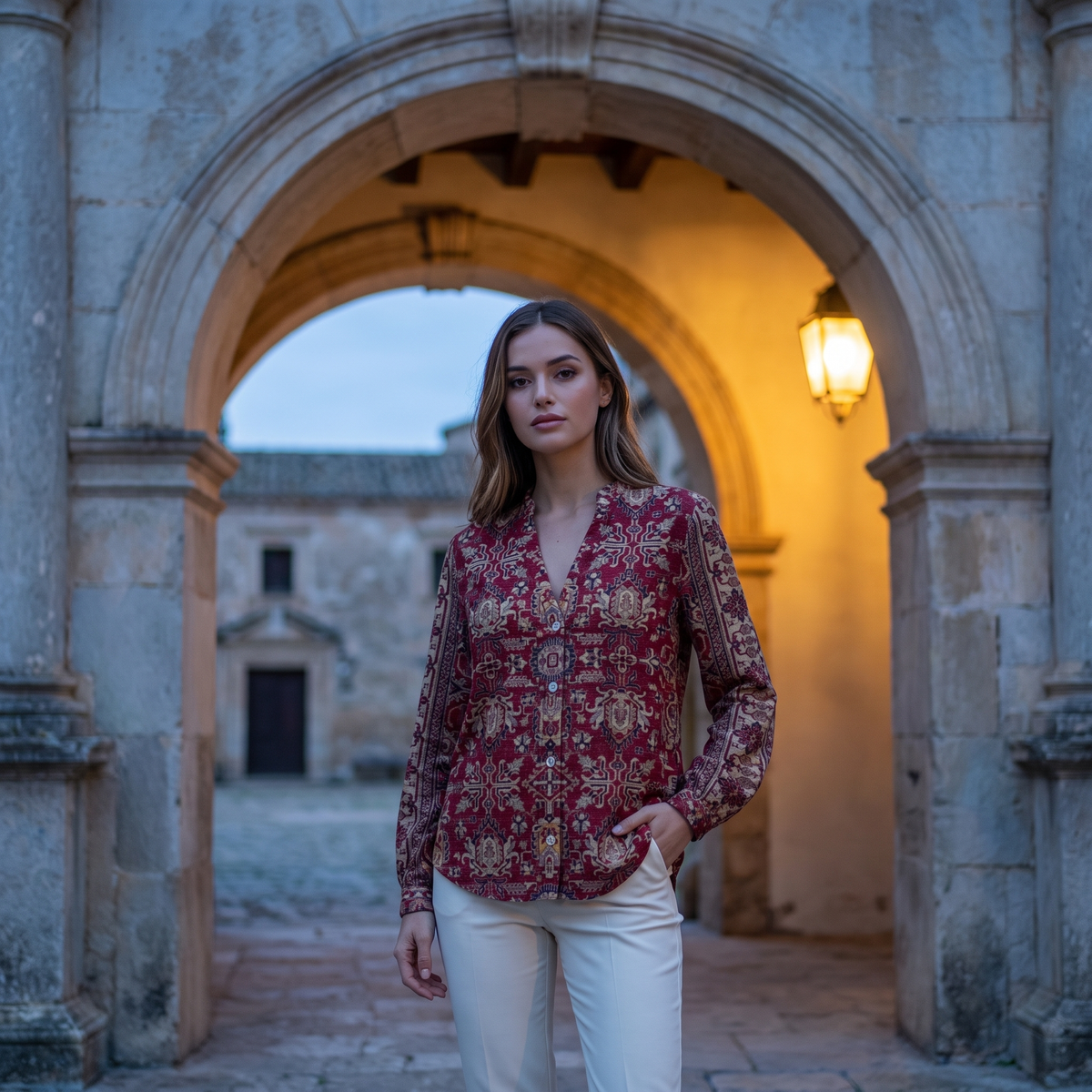 Woman beneath a stone archway wearing the Burgundy embroidered blouse