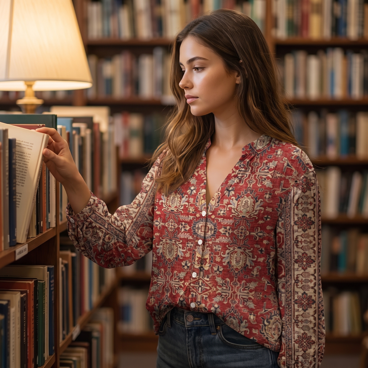 Woman in a bookshop wearing the Burgundy embroidered blouse