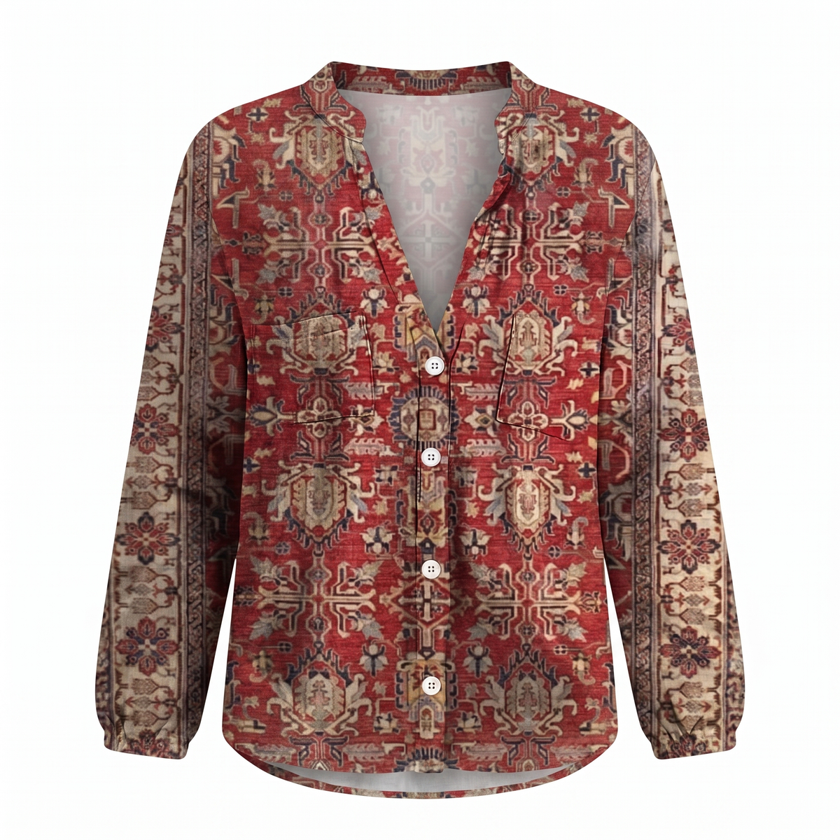 Burgundy embroidered V-neck blouse, white background