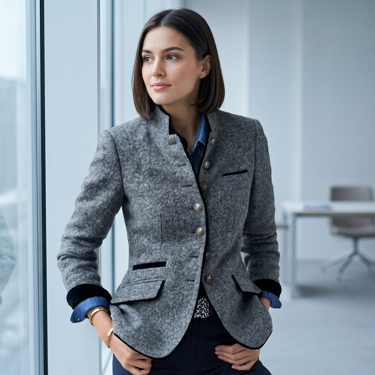 Woman at an office window in the Grey contrast-trim blazer