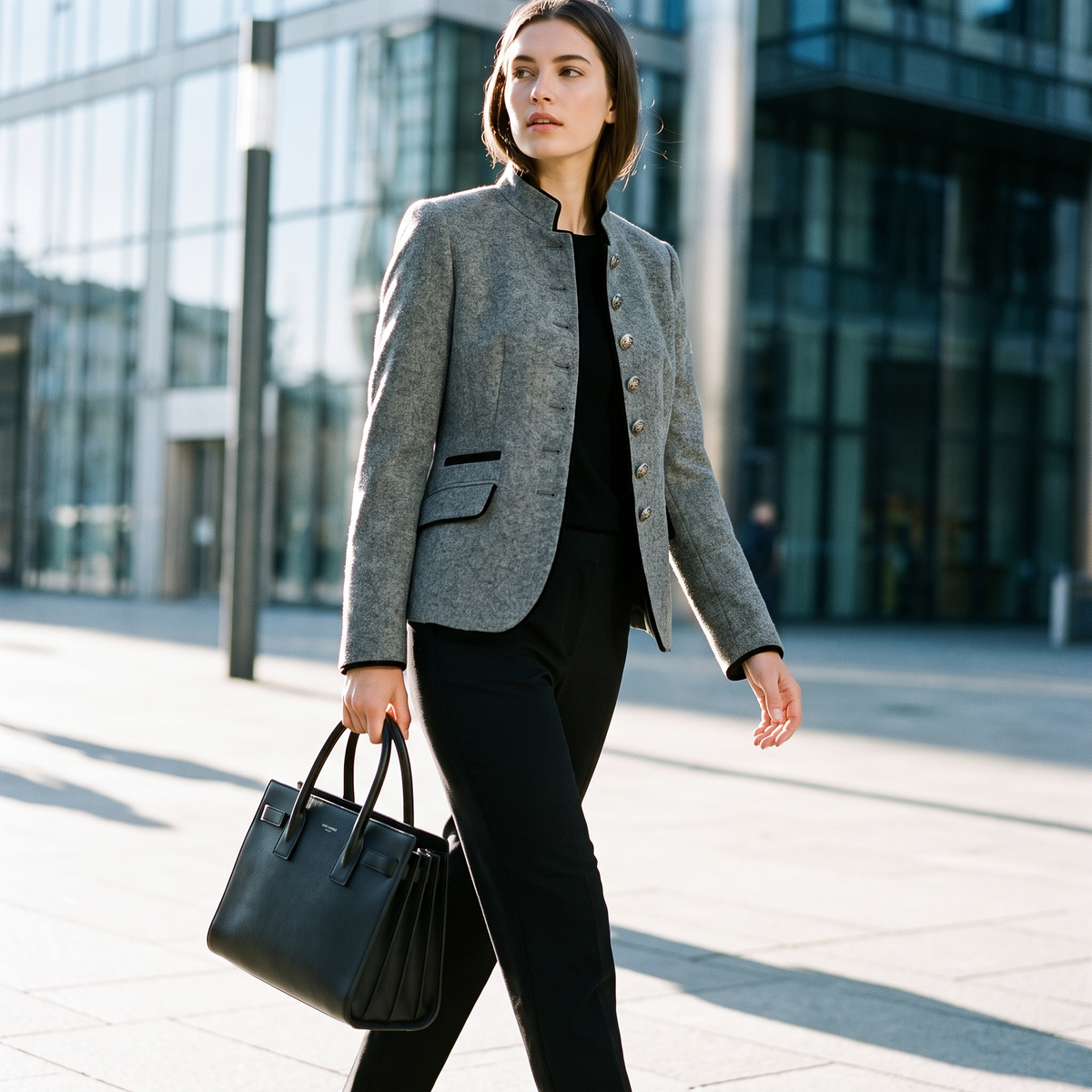 Woman crossing a plaza in the Grey contrast-trim blazer