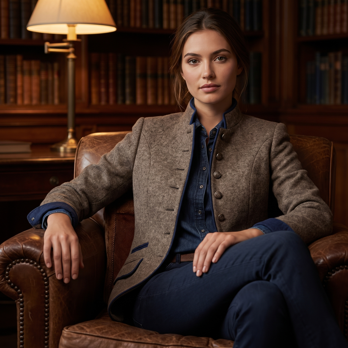 Woman in a library armchair in the Brown contrast-trim blazer