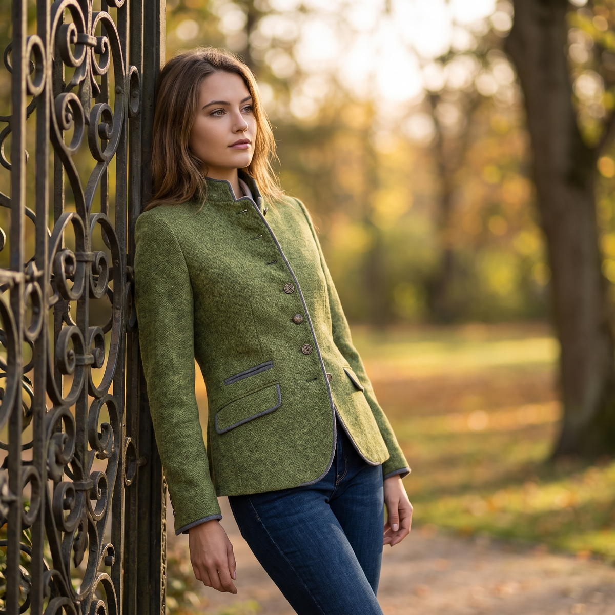 Woman by an iron gate in the Green contrast-trim blazer