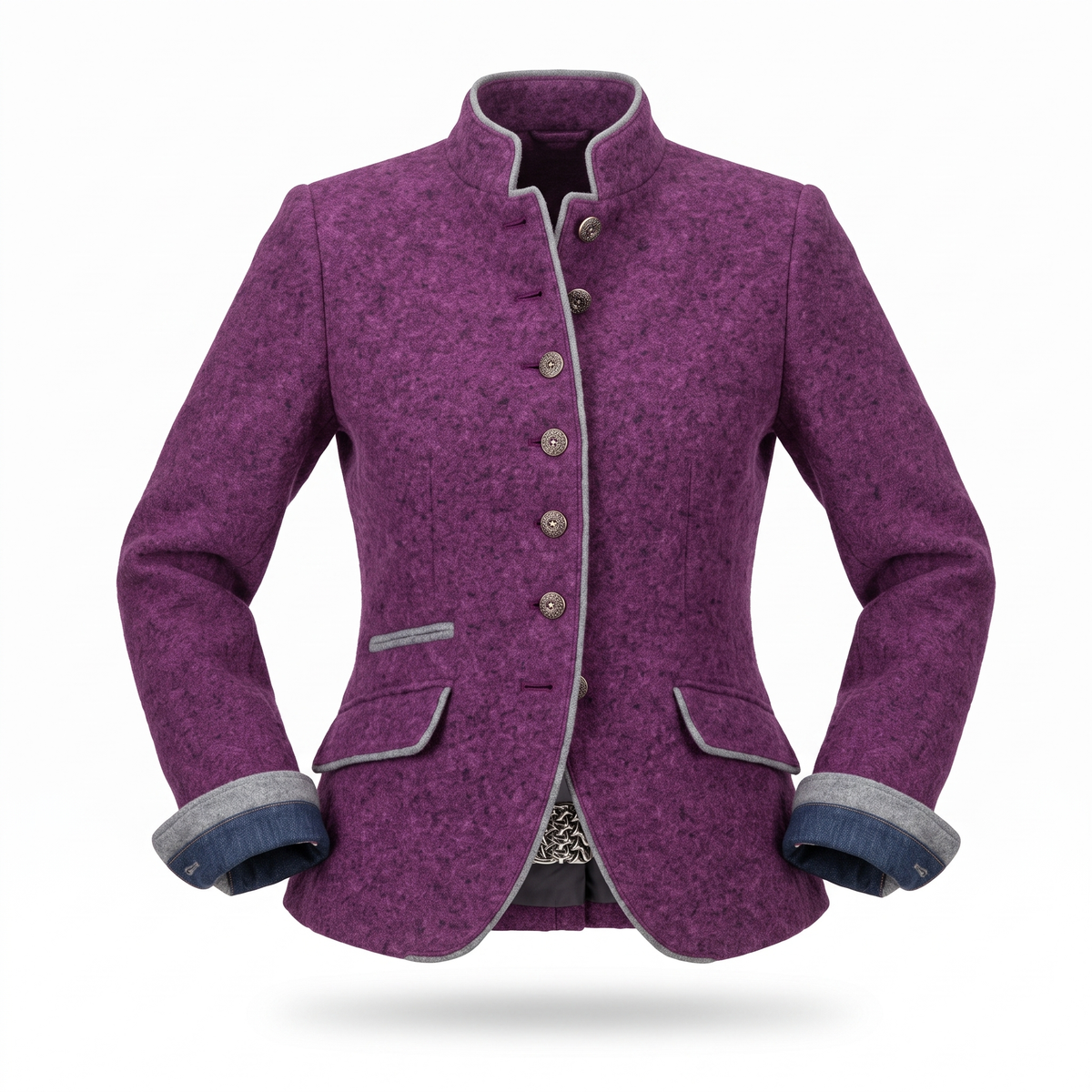Purple contrast-trim blazer, white background