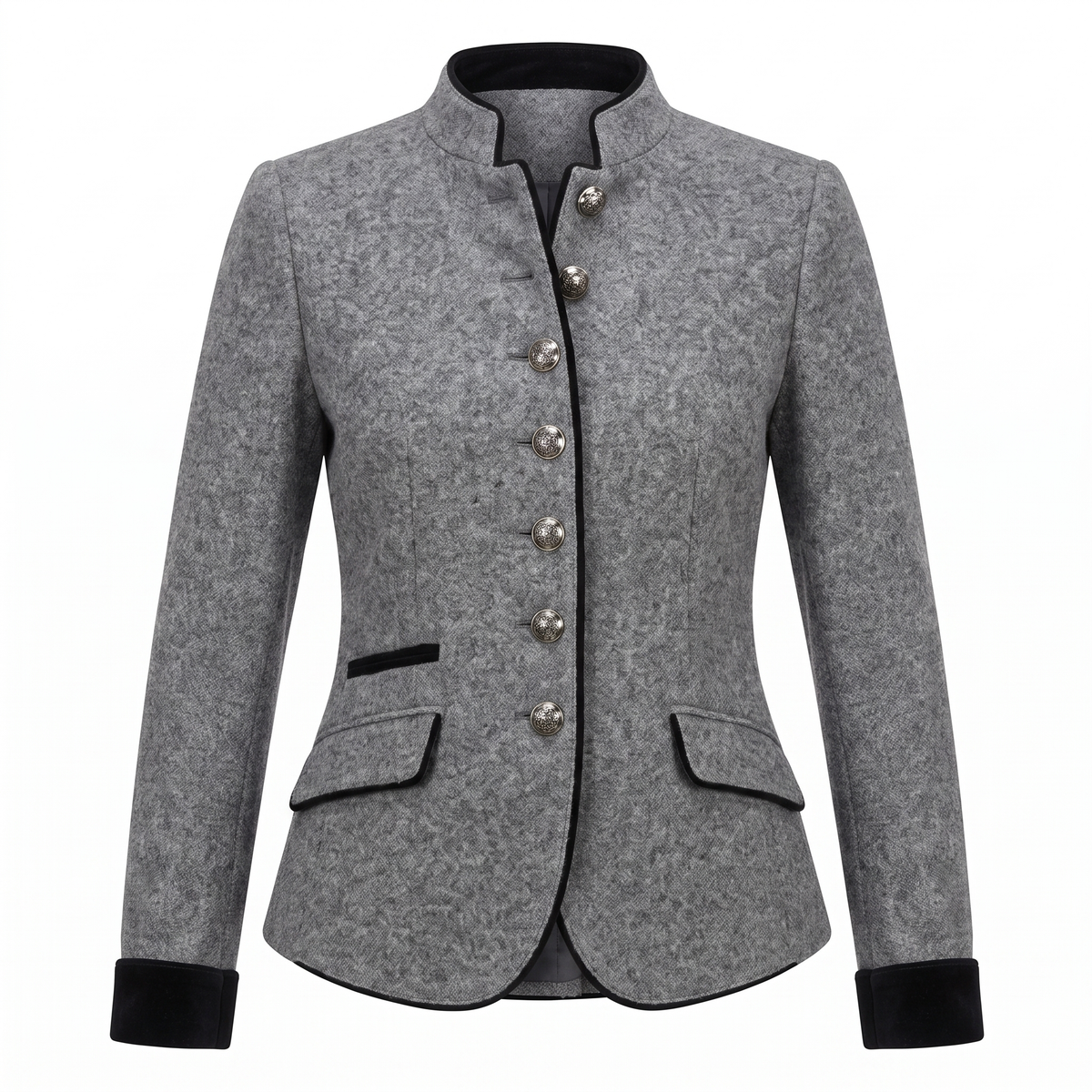 Grey contrast-trim blazer, white background