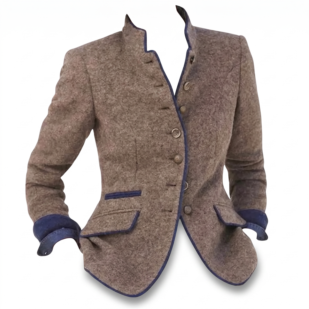 Brown contrast-trim blazer, white background