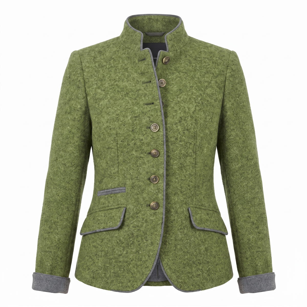 Green contrast-trim blazer, white background