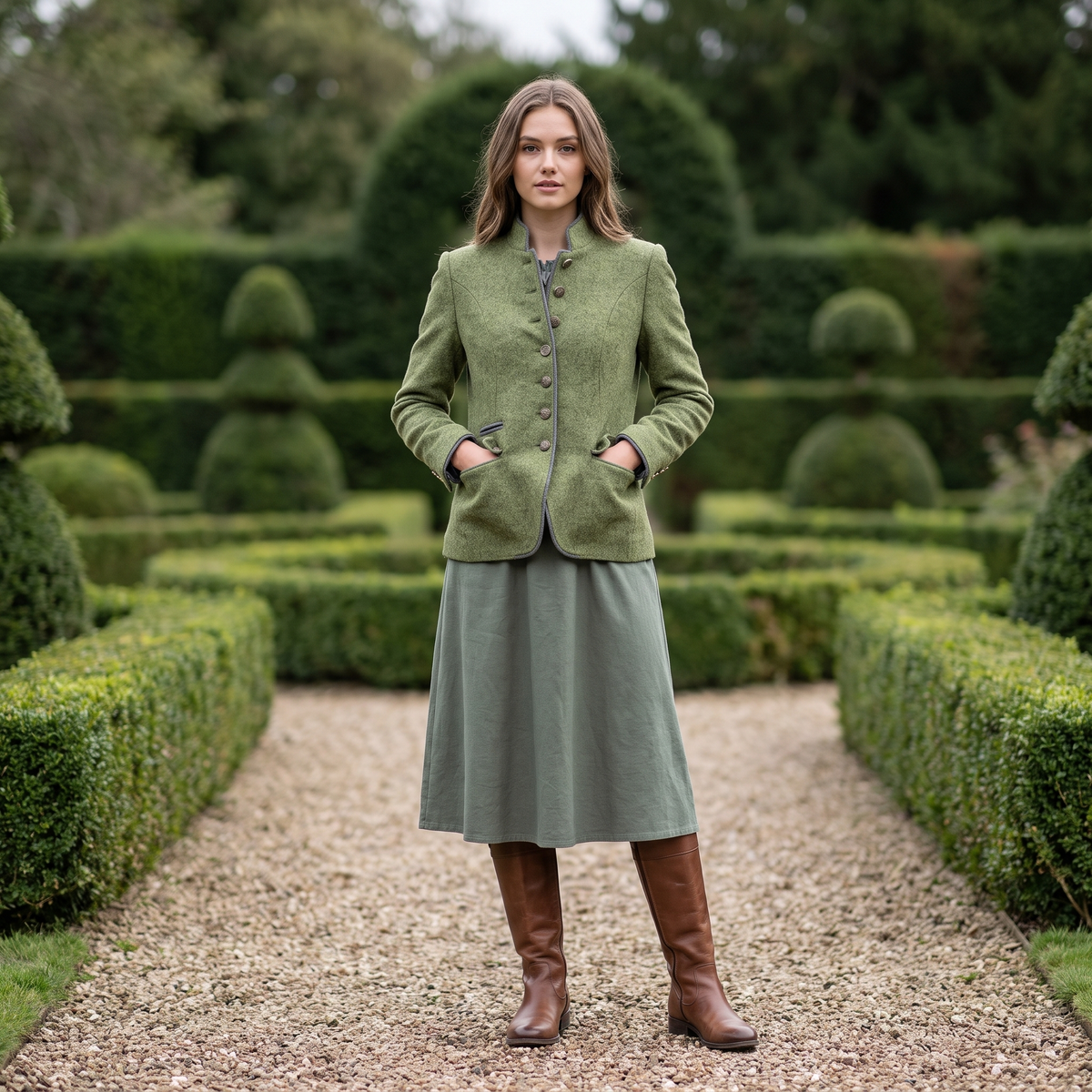 Woman in a formal garden in the Green contrast-trim blazer
