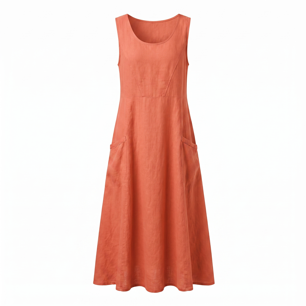 Orange sleeveless linen midi dress, white background