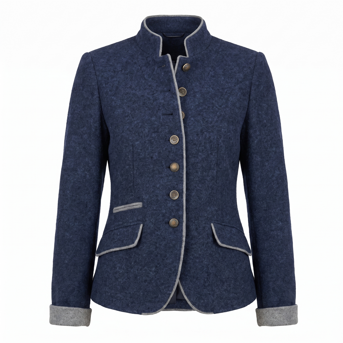 Blue contrast-trim blazer, white background