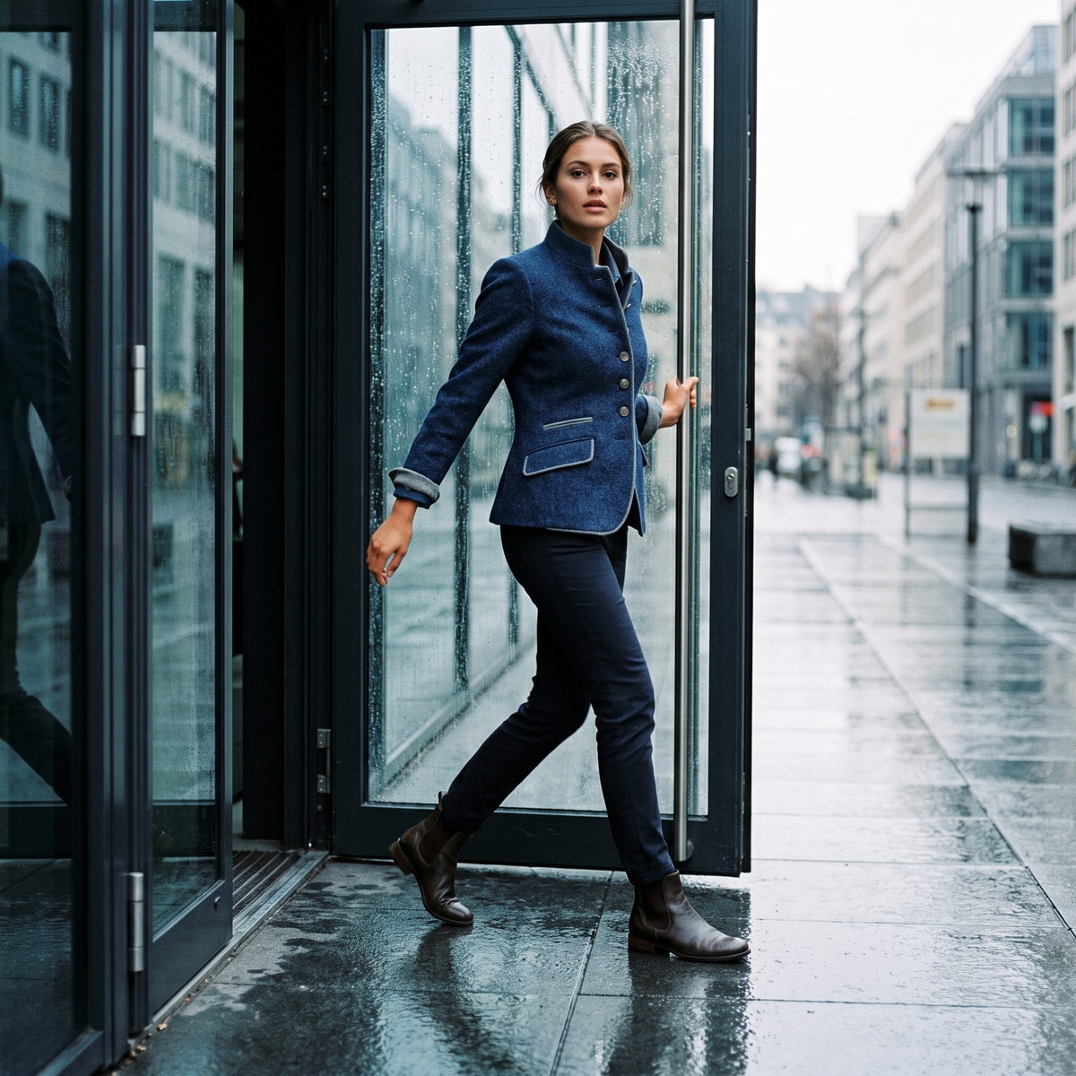 Woman on a wet pavement in the Blue contrast-trim blazer