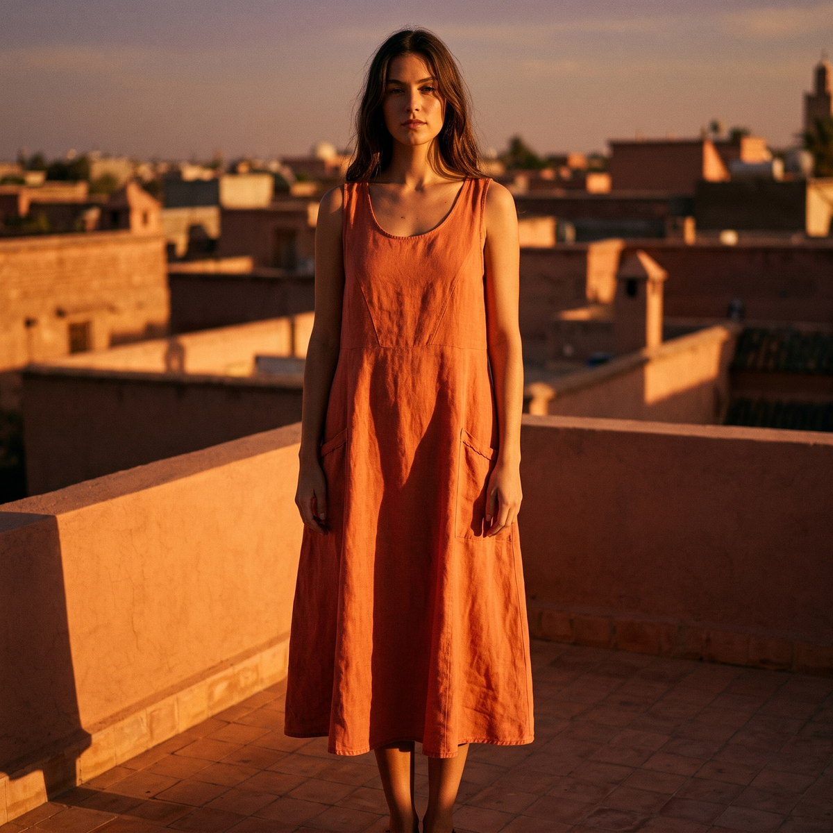 Woman on a rooftop terrace at sunset in the Orange linen midi dress