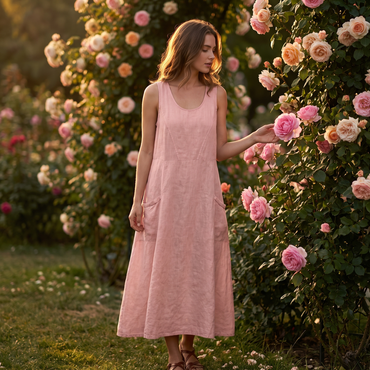 Woman in a rose garden in the Pink linen midi dress