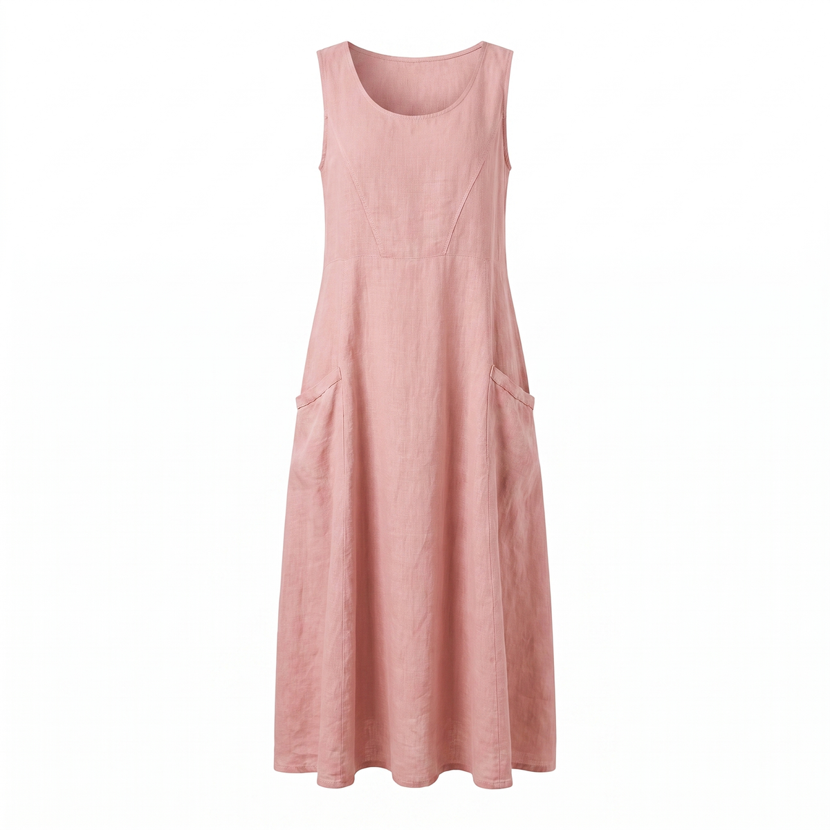Pink sleeveless linen midi dress, white background