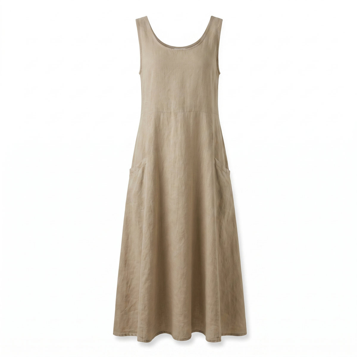 Khaki sleeveless linen midi dress, white background