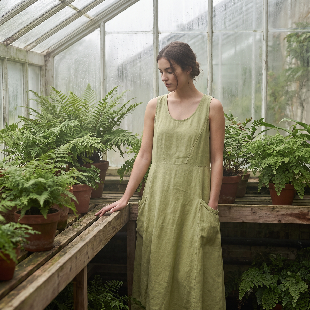 Woman in a glasshouse in the Light Olive Green linen midi dress