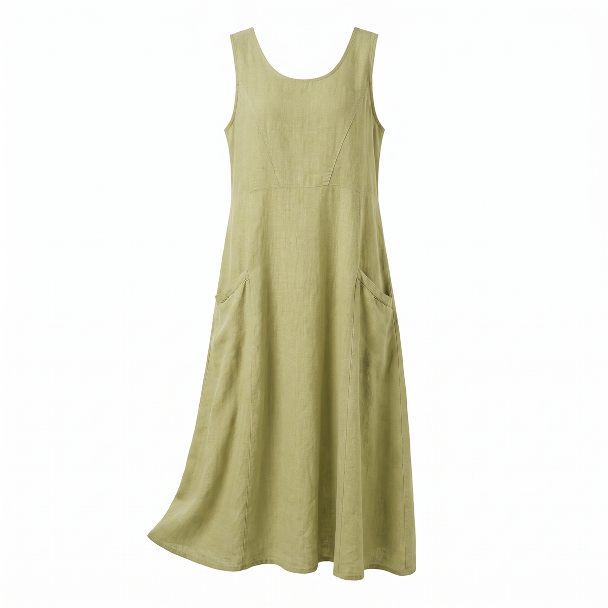 Light Olive Green sleeveless linen midi dress, white background