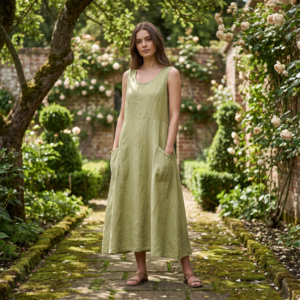 Woman on a garden path in the Light Olive Green linen midi dress