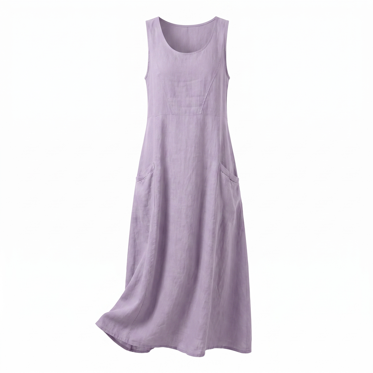Light Purple sleeveless linen midi dress, white background