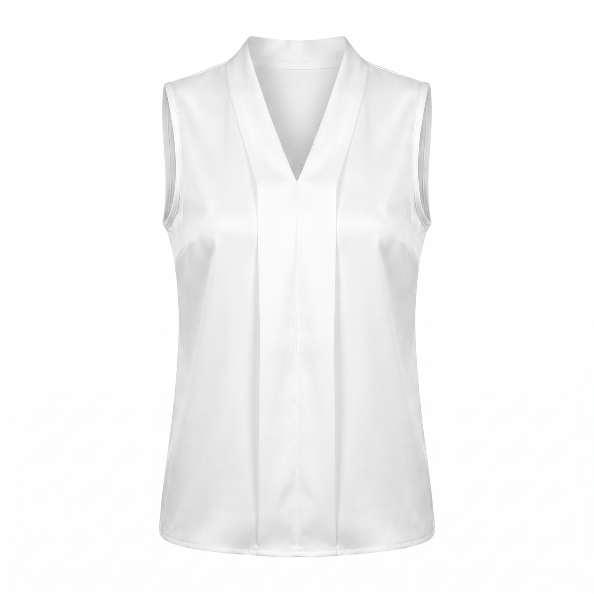 White satin sleeveless V-neck blouse, white background