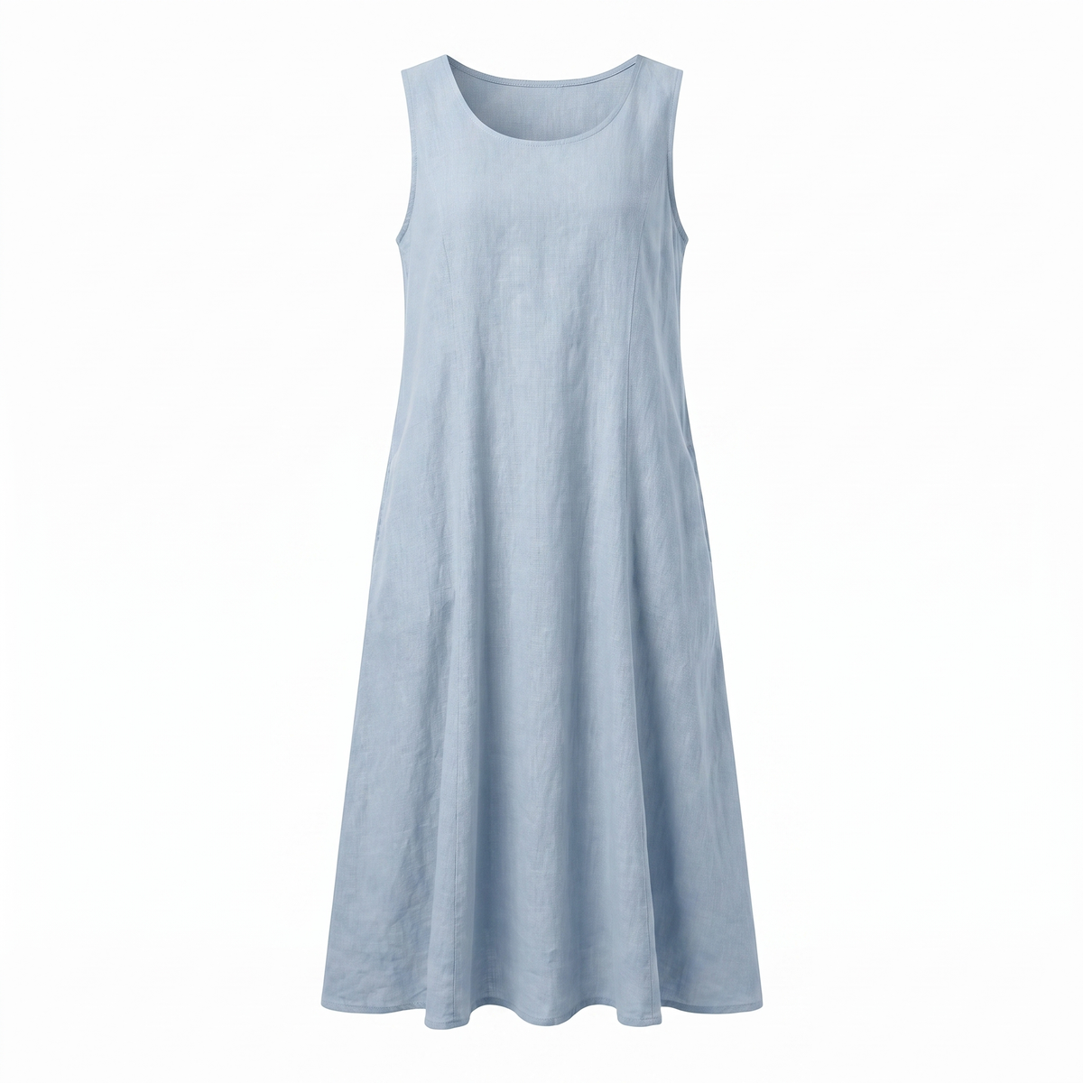 Light Blue sleeveless linen midi dress, white background