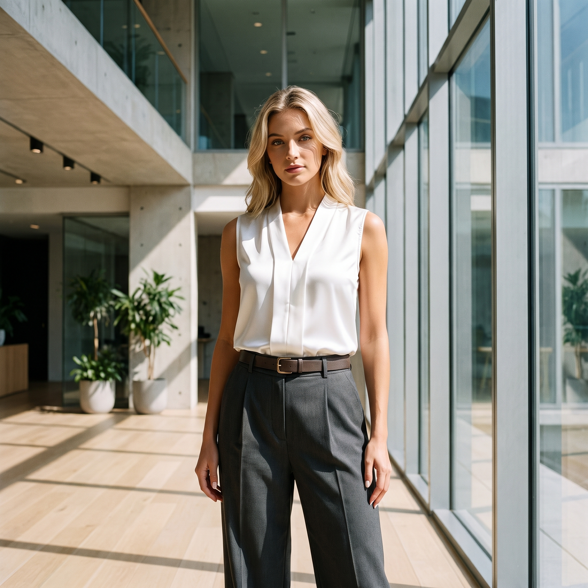 Woman in a bright atrium wearing the White satin blouse