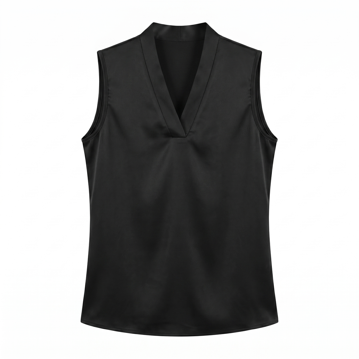Black satin sleeveless V-neck blouse, white background