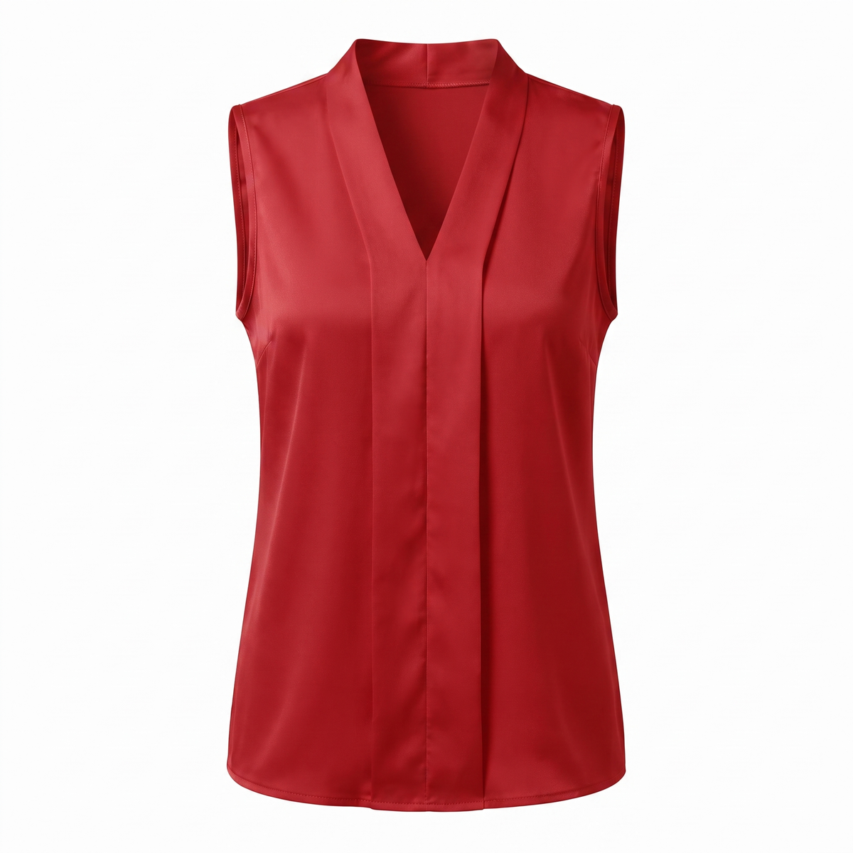 Red satin sleeveless V-neck blouse, white background