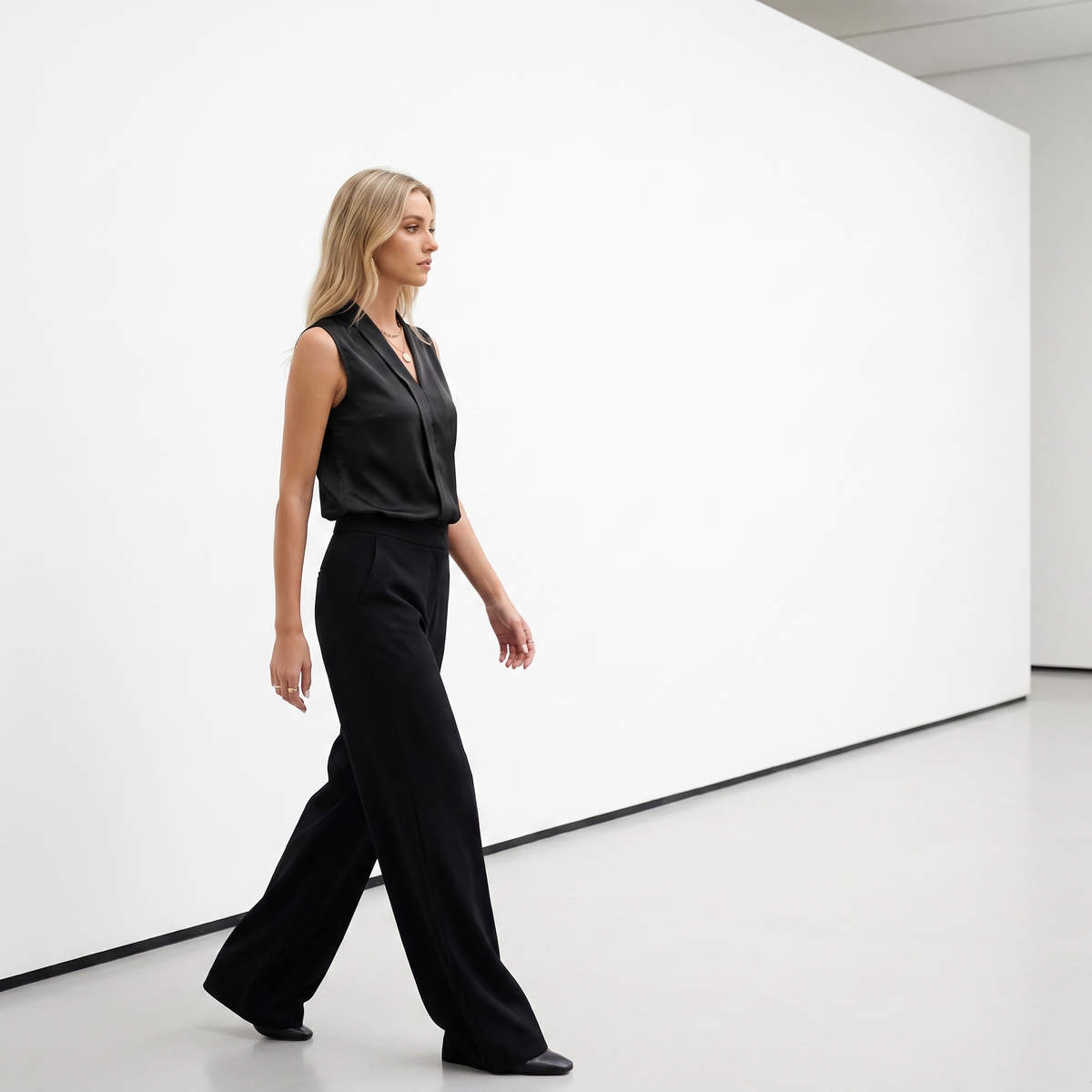 Woman in a gallery wearing the Black satin blouse