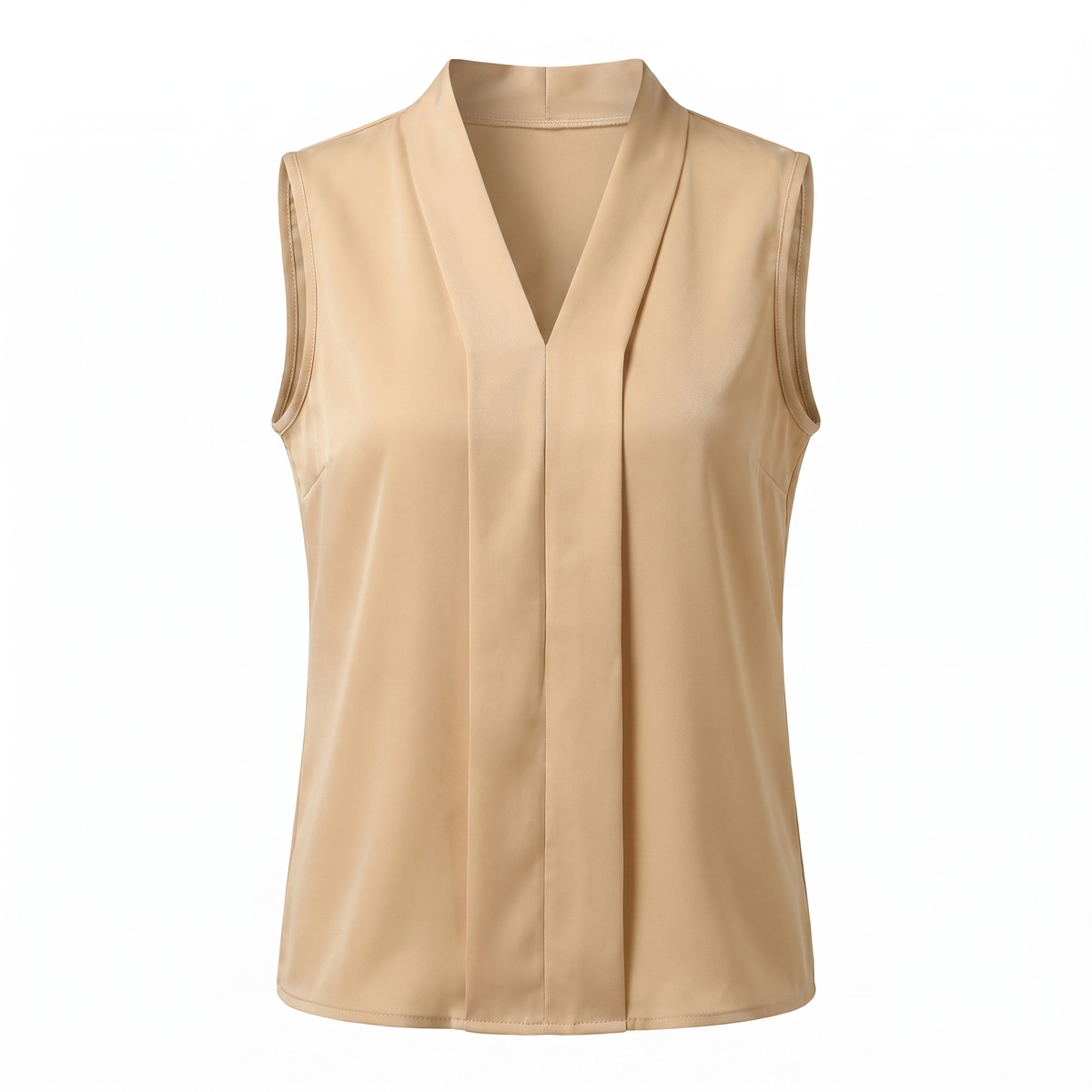 Beige satin sleeveless V-neck blouse, white background