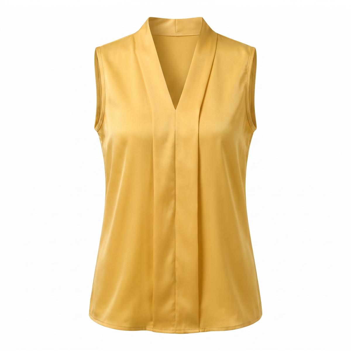Yellow satin sleeveless V-neck blouse, white background