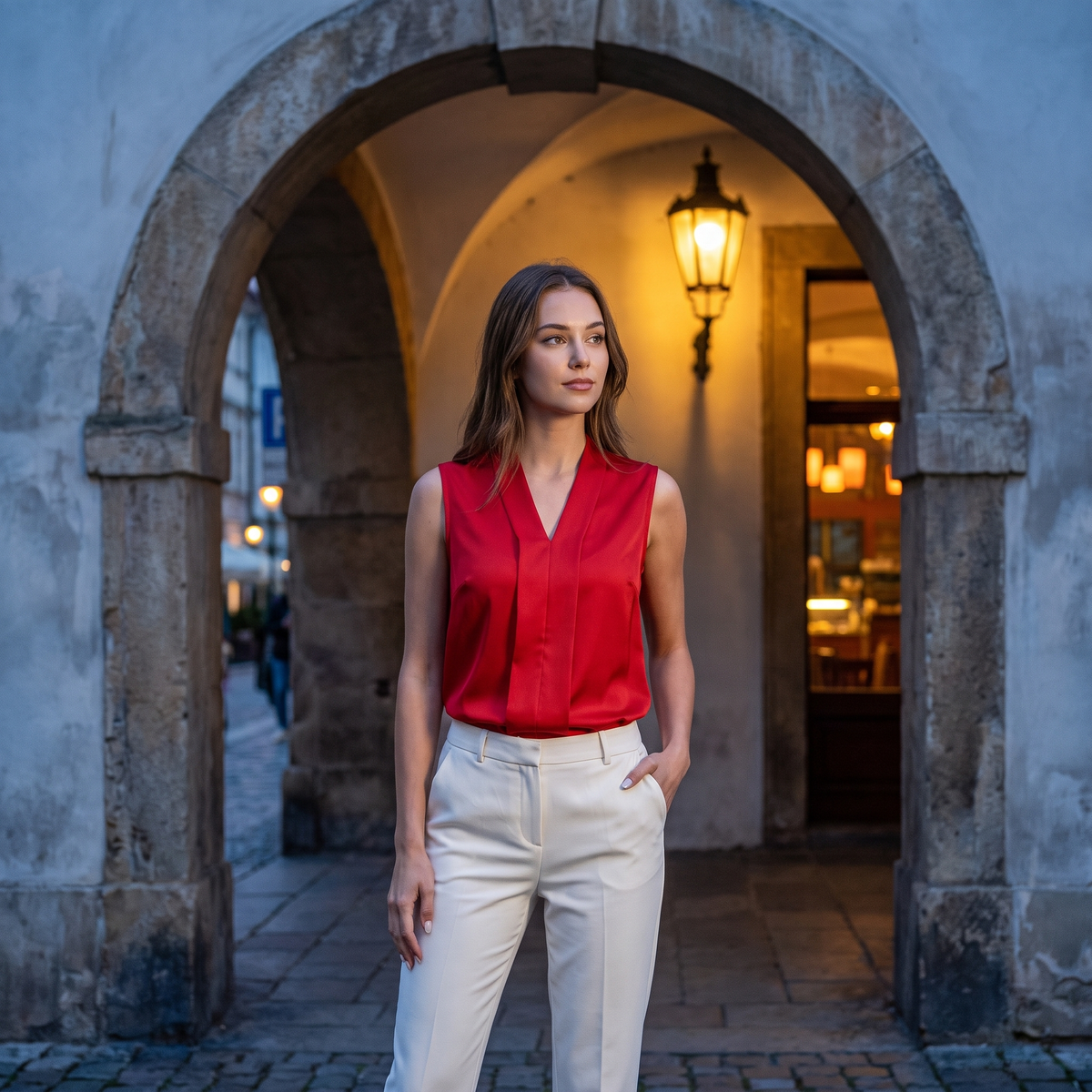 Woman beneath a stone archway wearing the Red satin blouse
