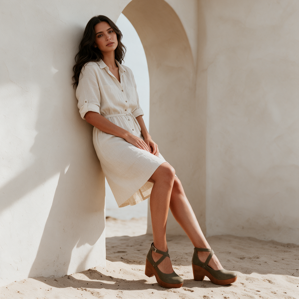 Green platform wedge heels with ankle strap worn with ivory linen shirt dress at plaster archway