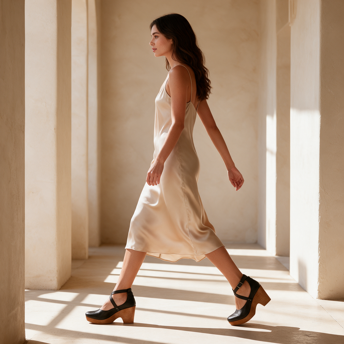 Black platform wedge heels with ankle strap worn with beige satin slip dress, walking sunlit corridor