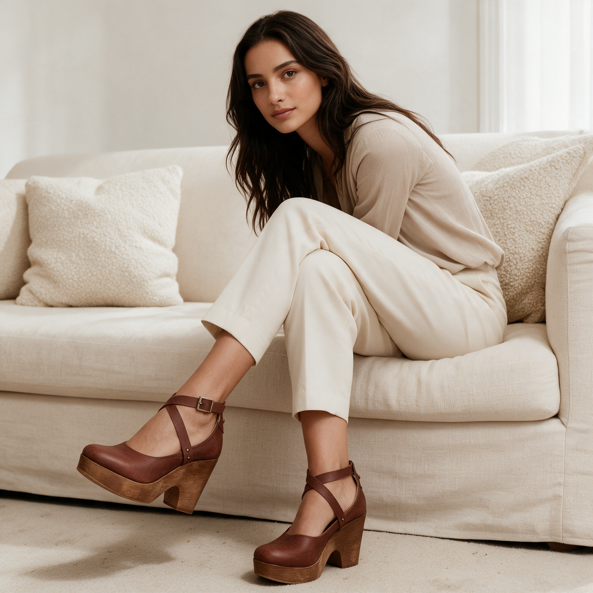 Brown platform wedge heels with ankle strap worn with ivory trousers, seated on cream linen sofa