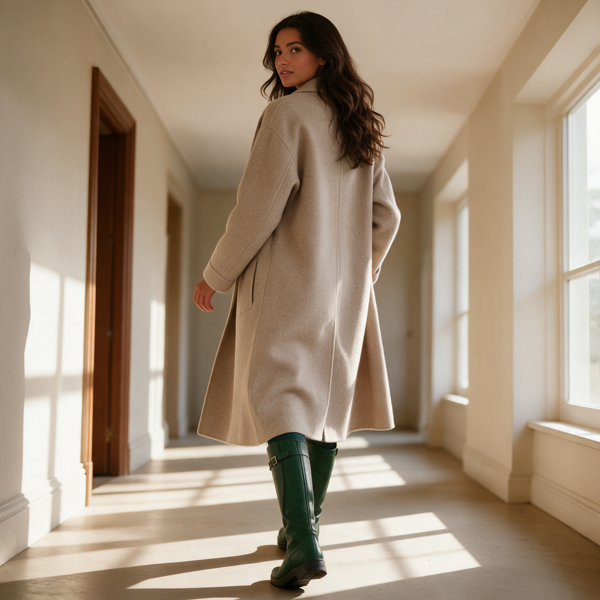 Green knee high leather riding boots with buckle strap worn with oatmeal wool coat in corridor