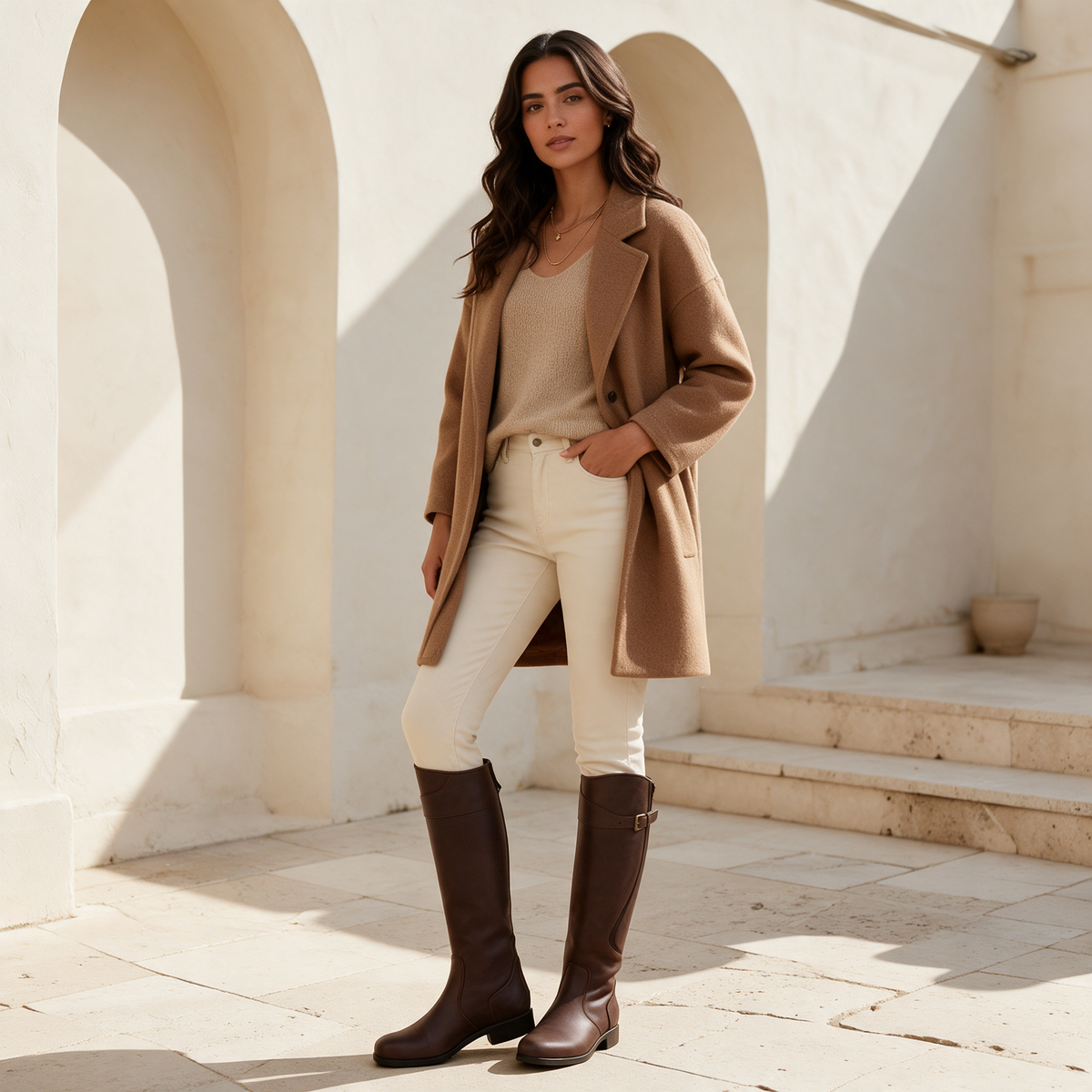 Dark brown knee high leather riding boots with buckle strap worn with camel coat in stone courtyard