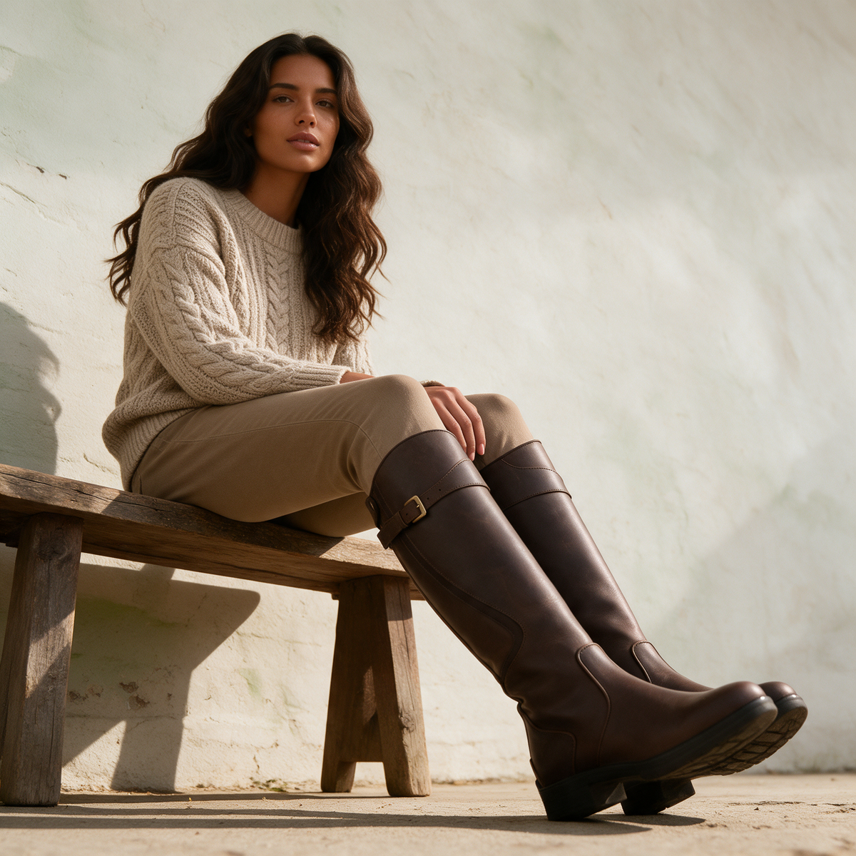 Dark brown knee high leather riding boots with buckle strap worn with knit sweater on wooden bench