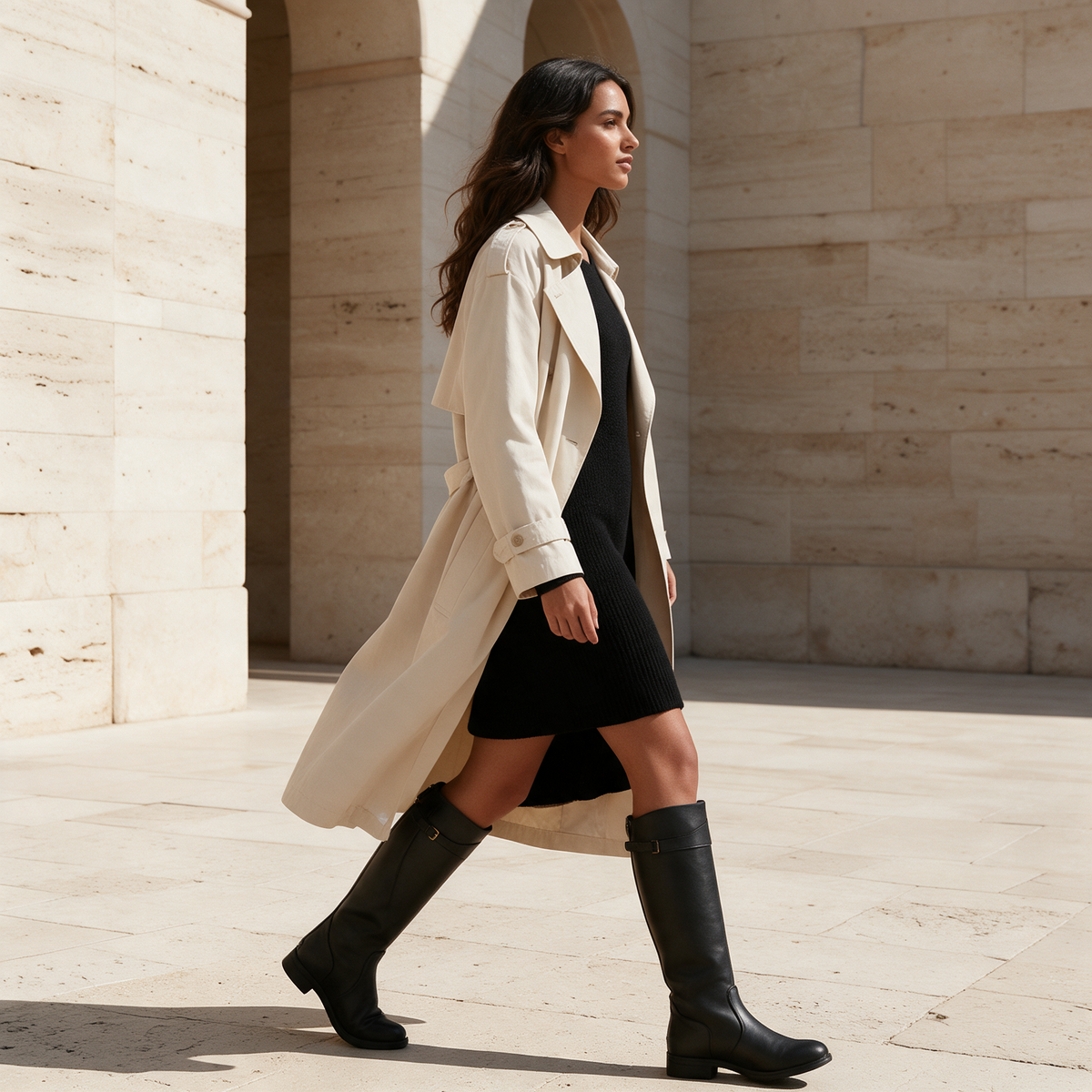 Black knee high leather riding boots with buckle strap worn with cream trench coat walking plaza