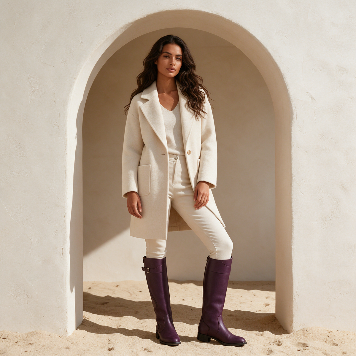 Purple knee high leather riding boots with buckle strap worn with ivory wool coat in plaster archway