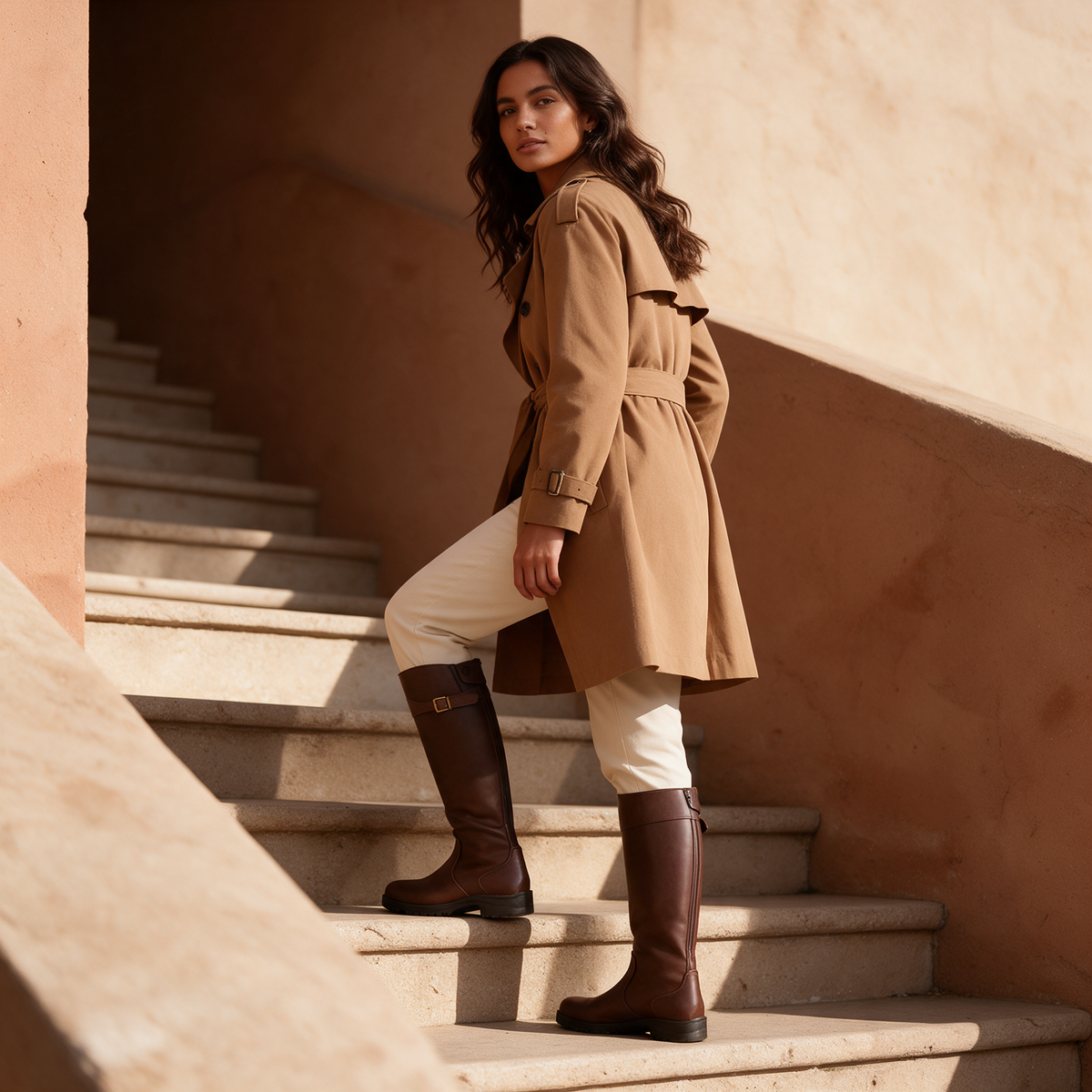 Brown knee high leather riding boots with buckle strap worn with camel trench on stone staircase