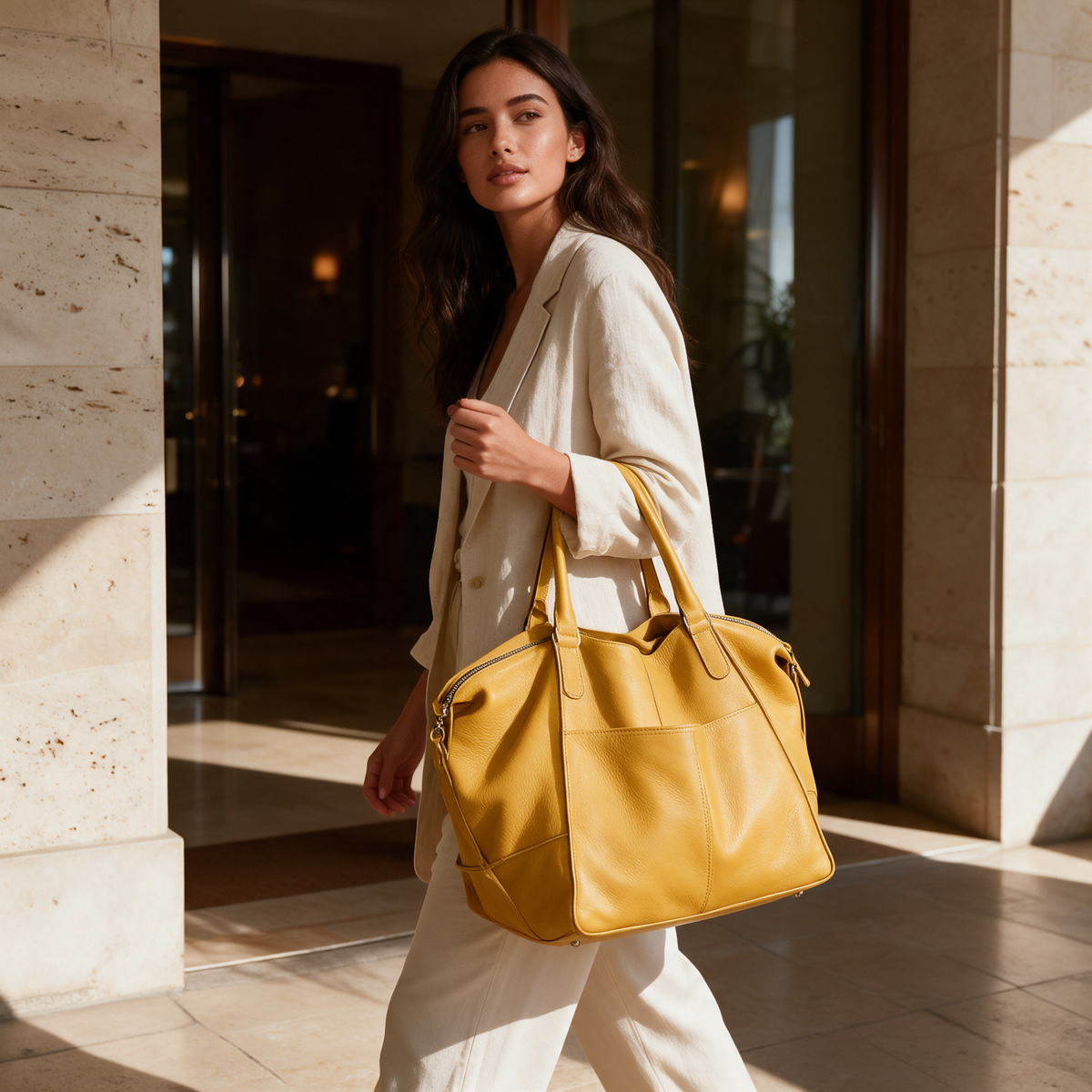 Yellow oversized leather weekender bag carried by top handles at sunlit stone hotel entrance