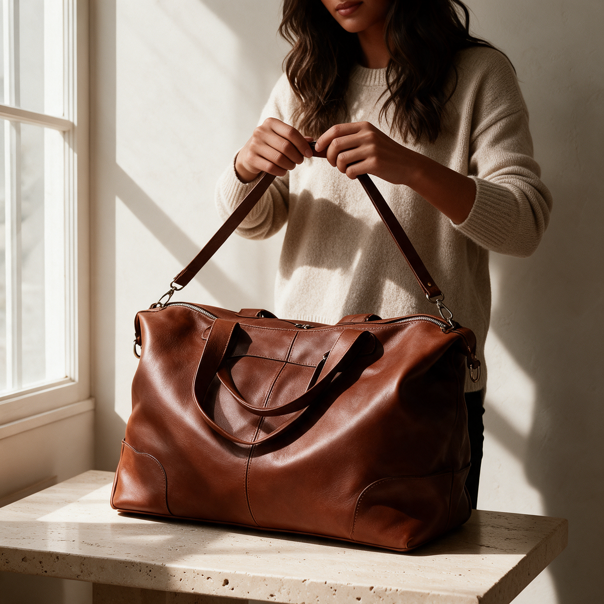 Brown cognac leather weekender bag on travertine console table with hands adjusting strap