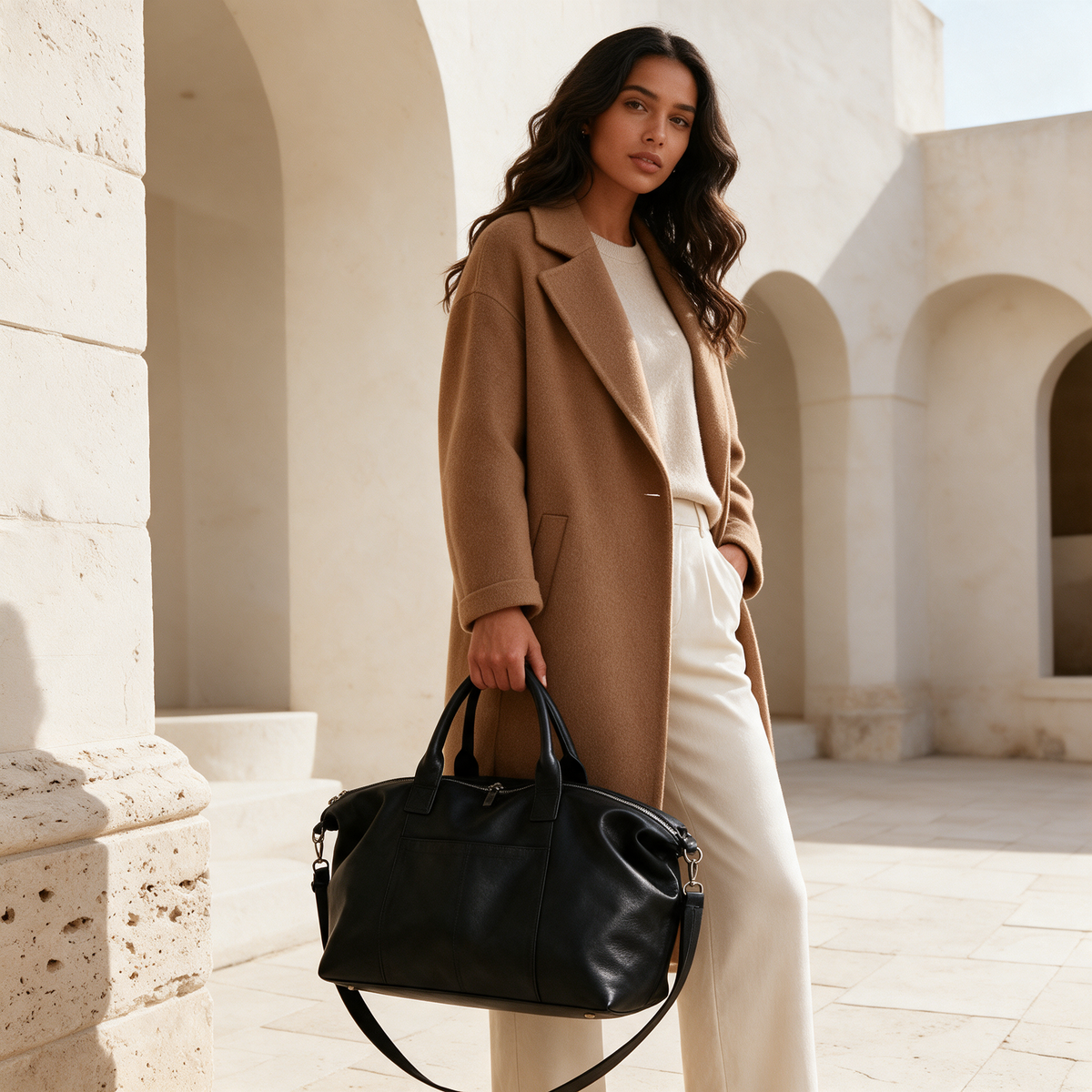 Black oversized leather weekender bag carried by top handles in sunlit stone courtyard