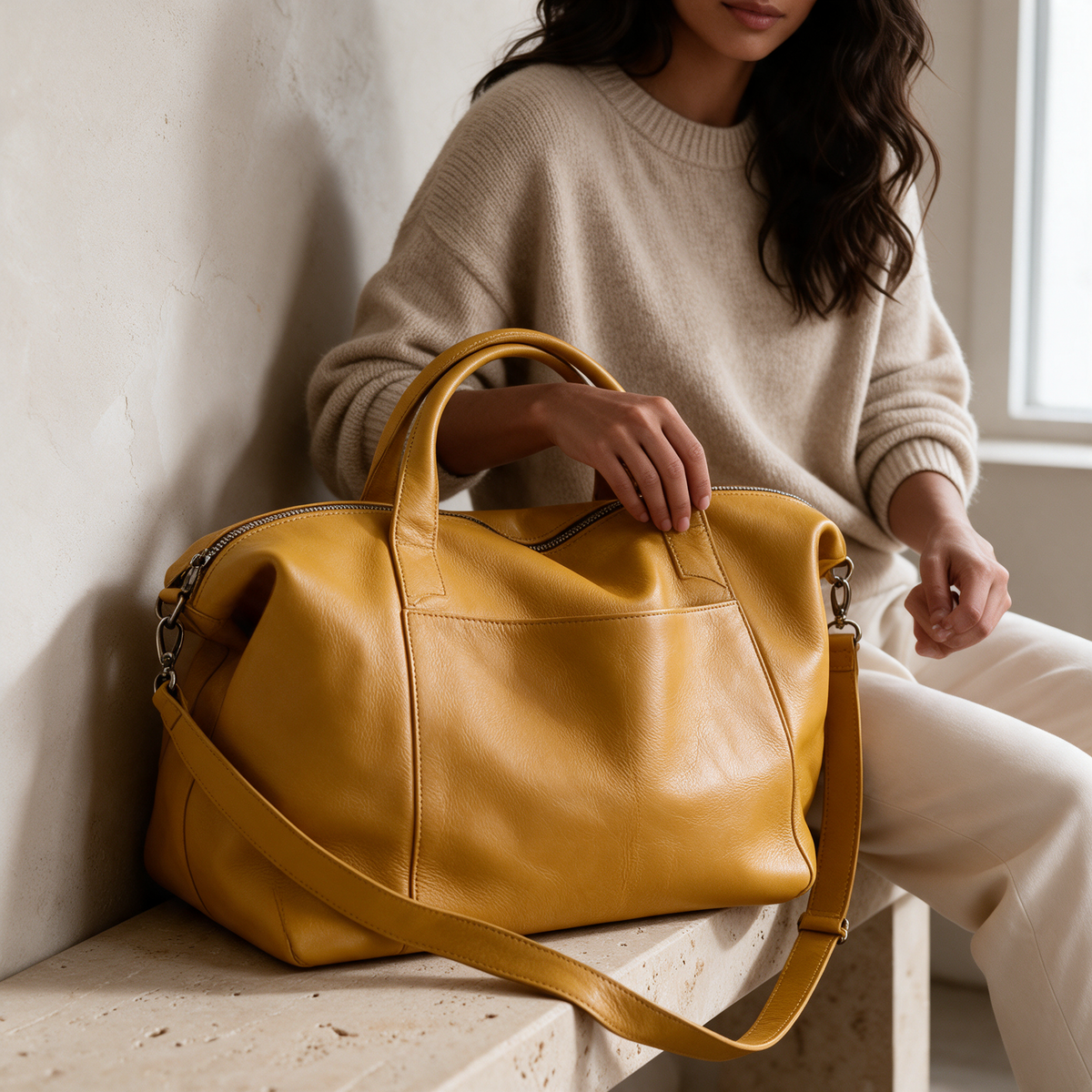 Yellow oversized leather weekender bag resting on travertine bench beside seated woman
