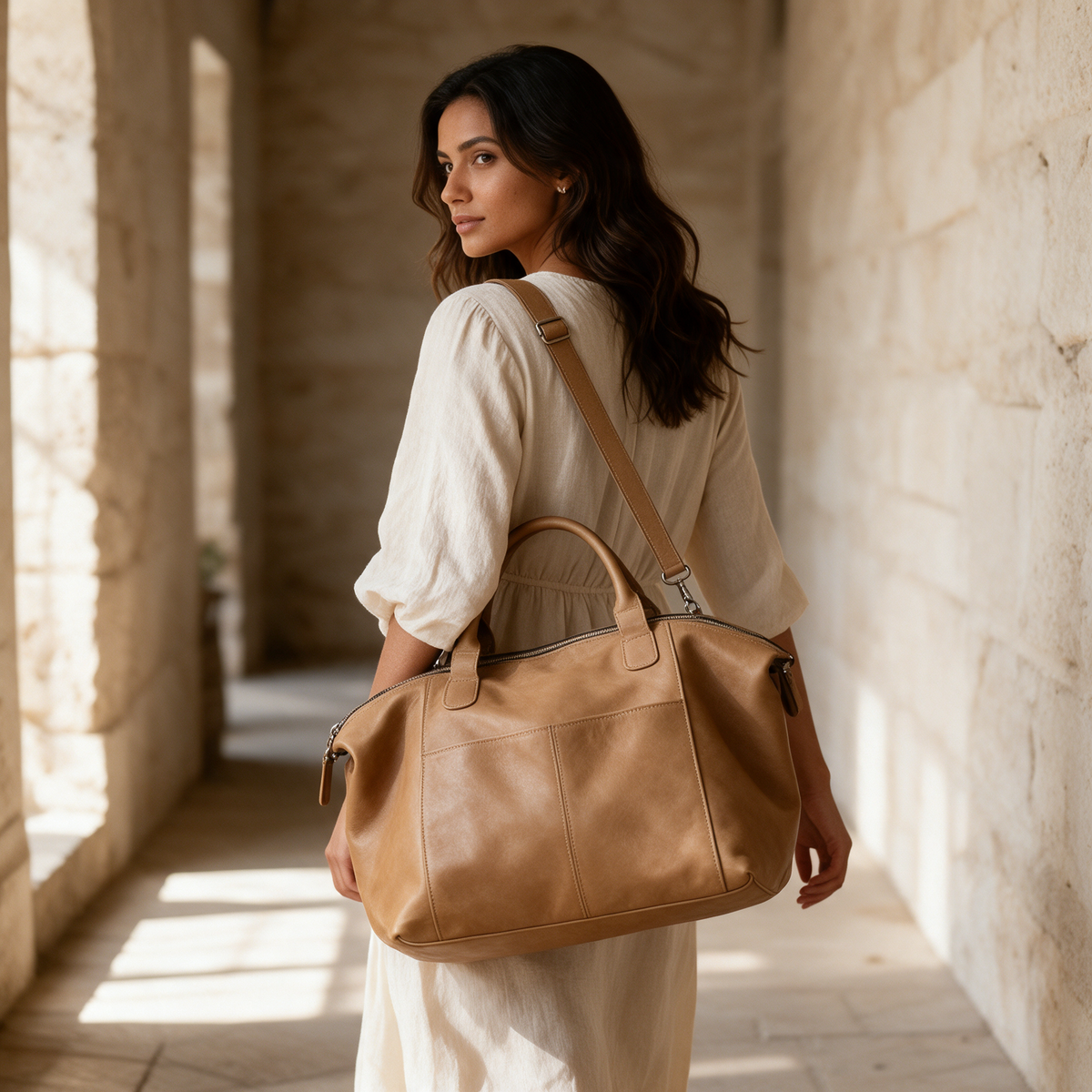 Khaki tan leather weekender bag carried down sunlit stone corridor, side panel visible