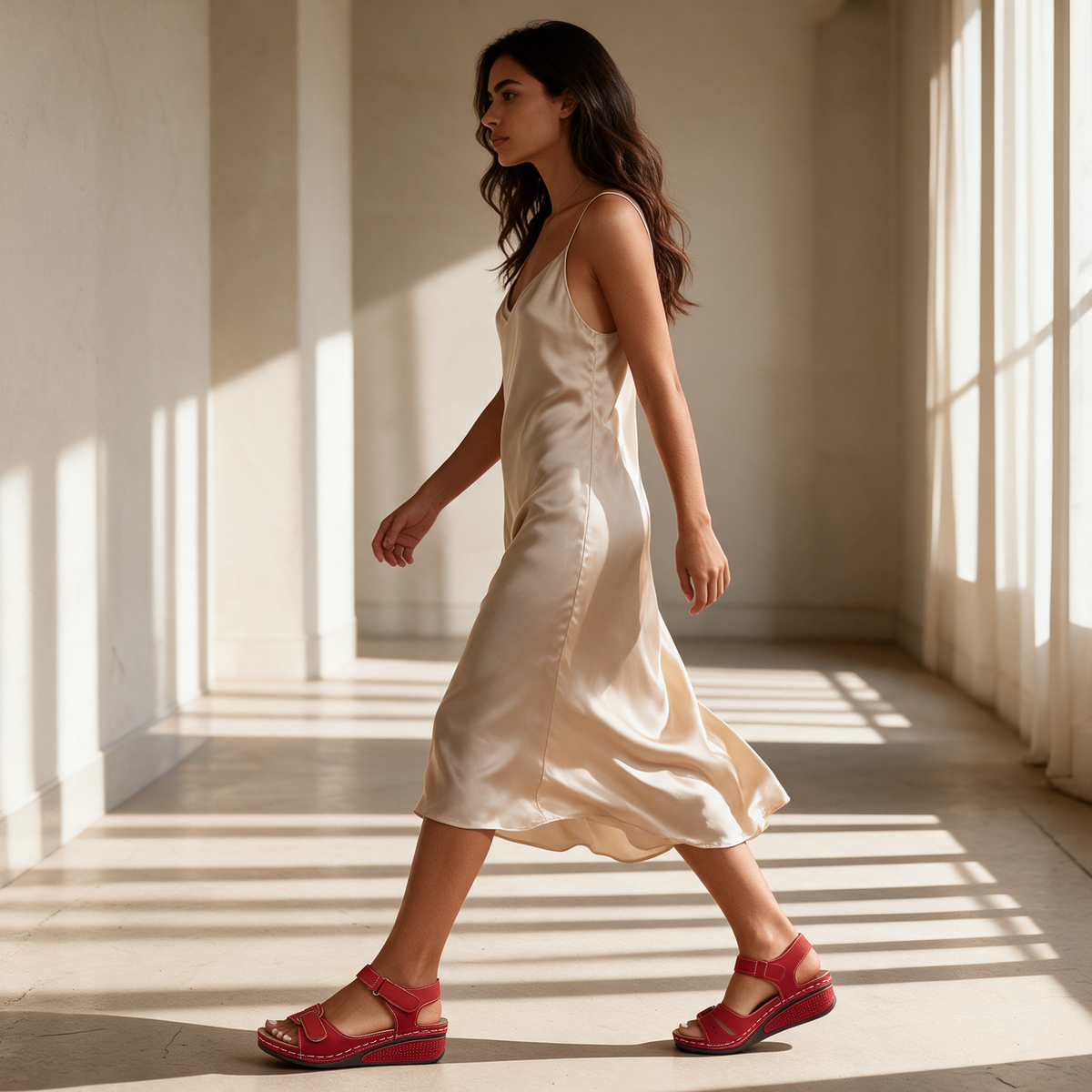 Red platform wedge open toe sandals worn with beige satin slip dress walking sunlit corridor