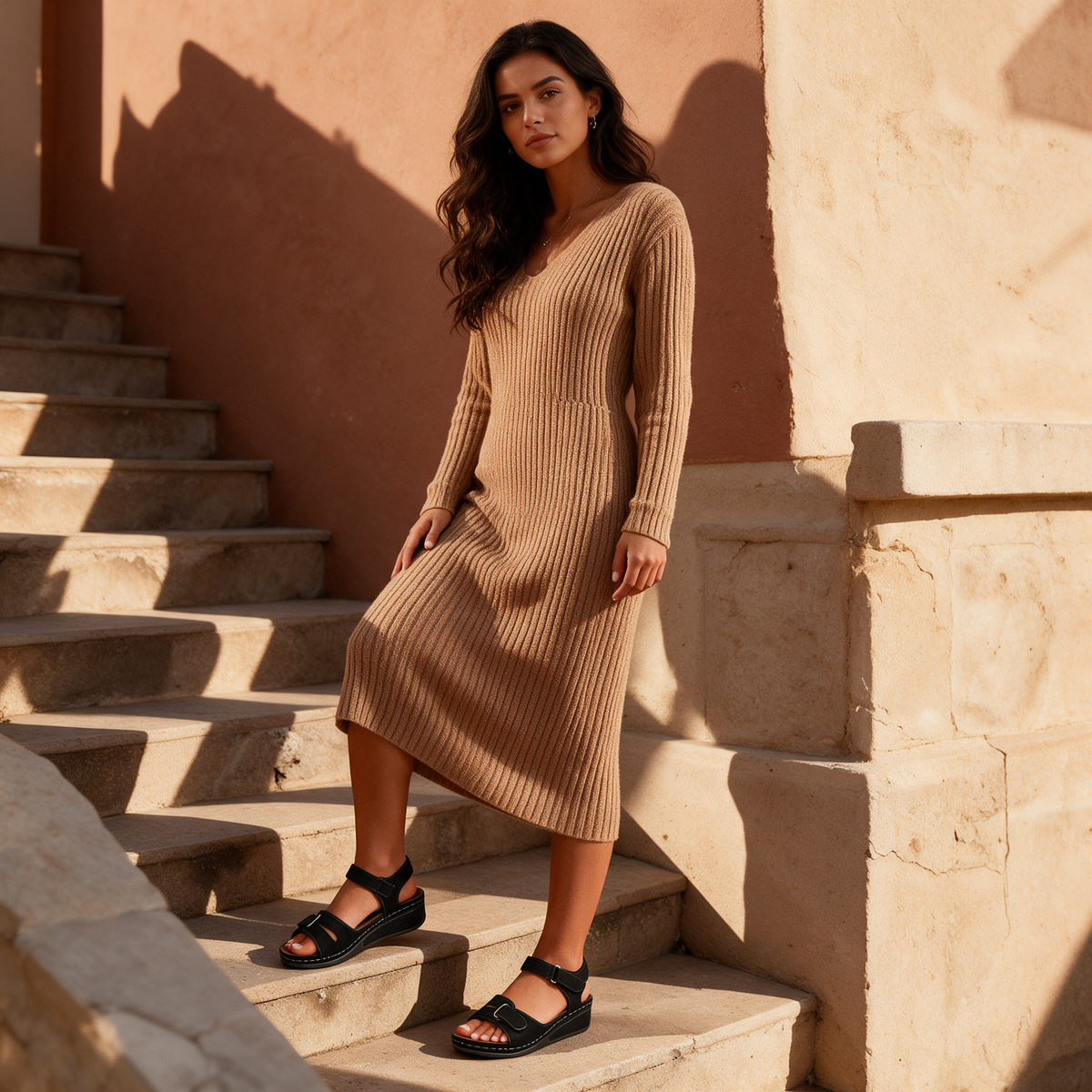 Black platform wedge open toe sandals worn with camel knit midi dress on stone staircase