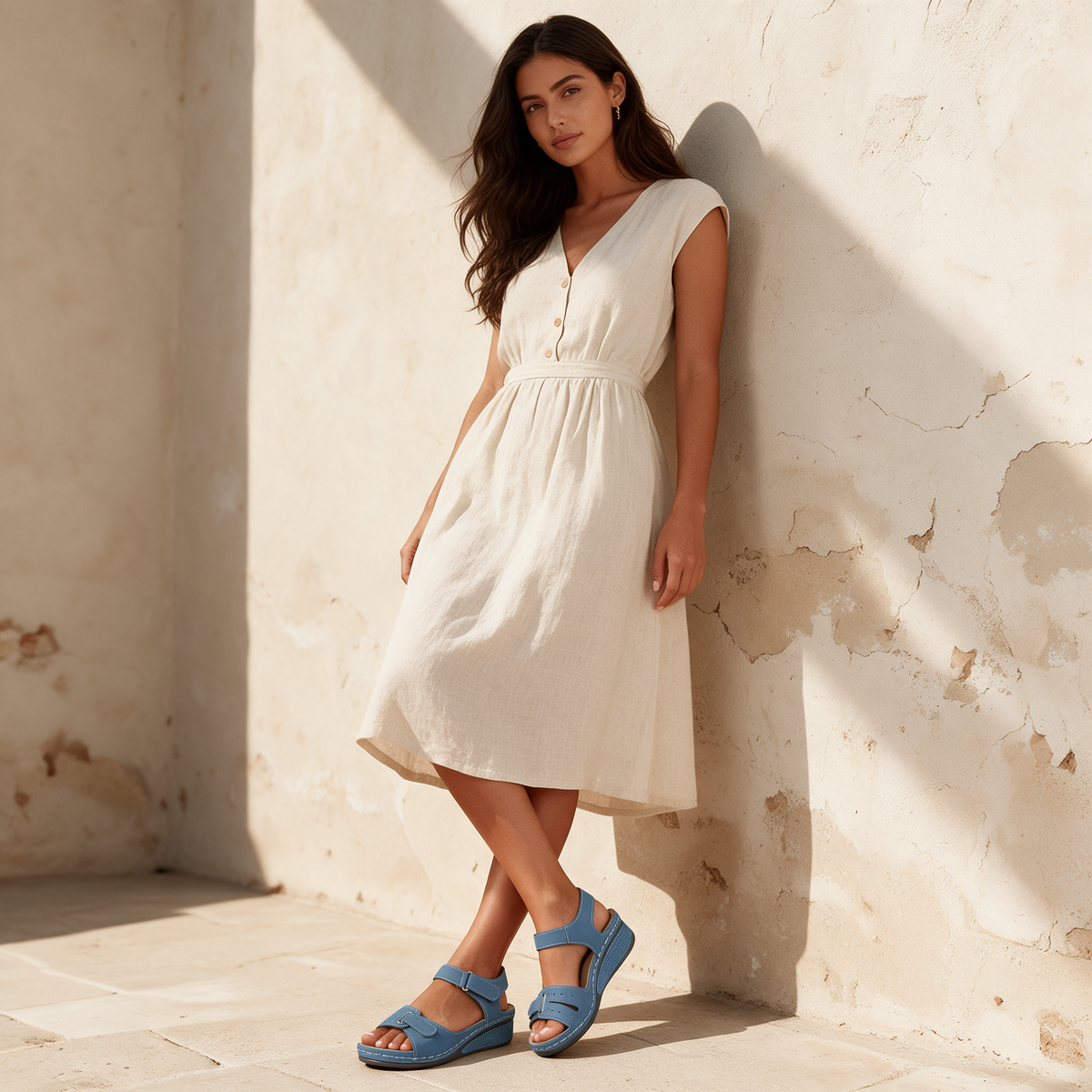 Blue platform wedge open toe sandals worn with cream linen midi dress by limewashed wall
