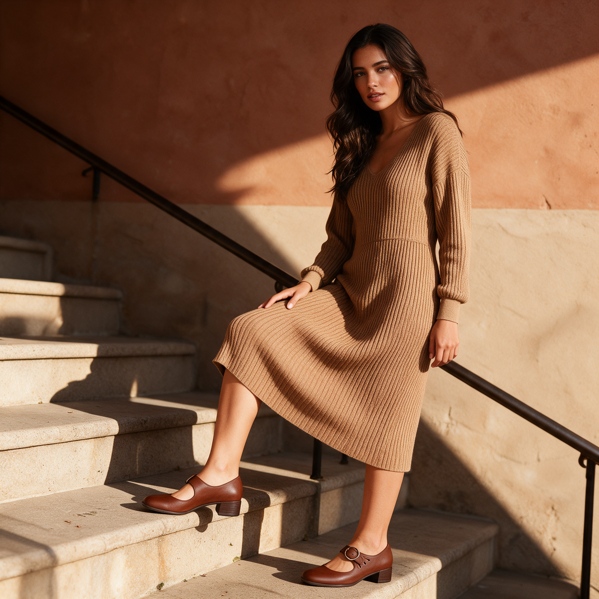 Brown Mary Jane pumps with ankle strap worn with camel knit midi dress on stone staircase
